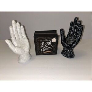 3pc Goth Halloween Decor Lot Book of Spells Box Palmistry Hand Statues Witchy